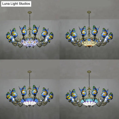 Stained Glass Tiffany Chandelier - Butterfly Indoor Pendant Light in Blue Tones for Hallway