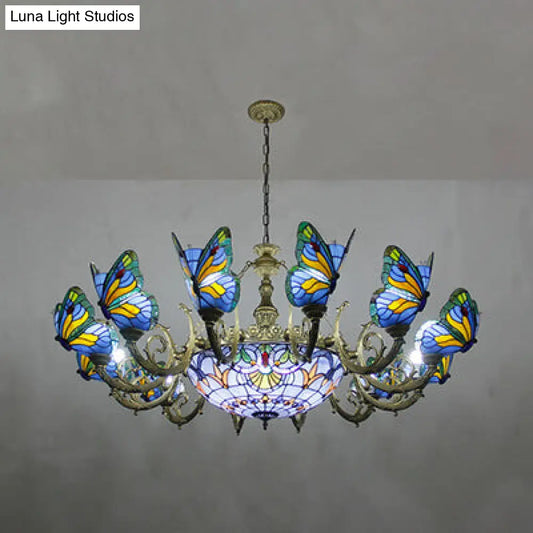 Stained Glass Tiffany Chandelier - Butterfly Indoor Pendant Light in Blue Tones for Hallway