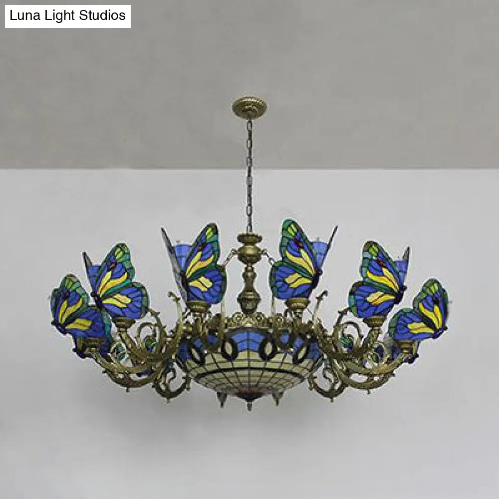 Stained Glass Tiffany Chandelier - Butterfly Indoor Pendant Light in Blue Tones for Hallway