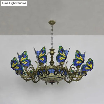 Stained Glass Tiffany Chandelier - Butterfly Indoor Pendant Light in Blue Tones for Hallway
