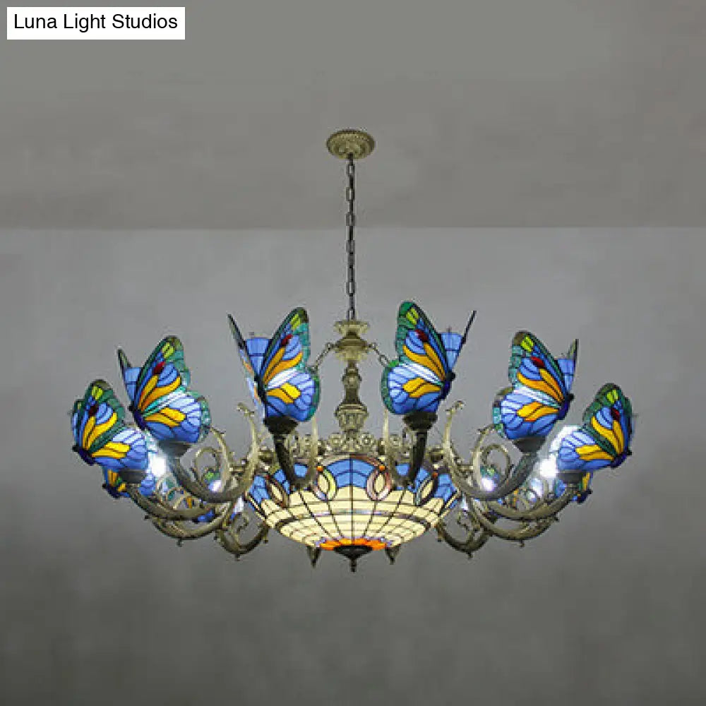 Stained Glass Tiffany Chandelier - Butterfly Indoor Pendant Light in Blue Tones for Hallway