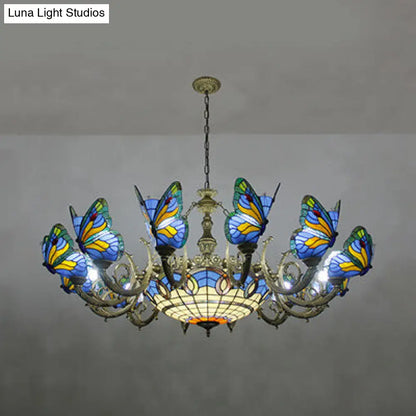 Stained Glass Tiffany Chandelier - Butterfly Indoor Pendant Light in Blue Tones for Hallway