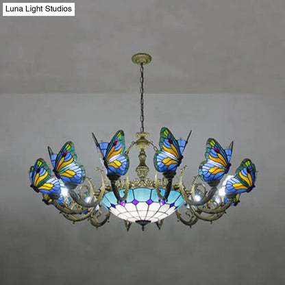 Stained Glass Tiffany Chandelier - Butterfly Indoor Pendant Light in Blue Tones for Hallway