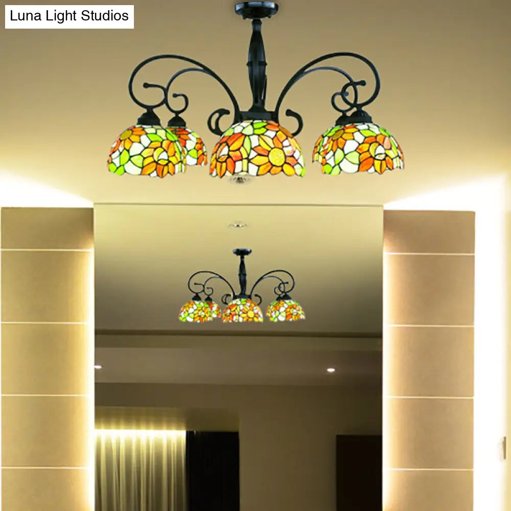 DecorBites™ DecorBites™ Stained Glass Tiffany Chandelier with Orange Sunflower - 3/6 Lights - Rustic Pendant Light for Living Room Bowl
