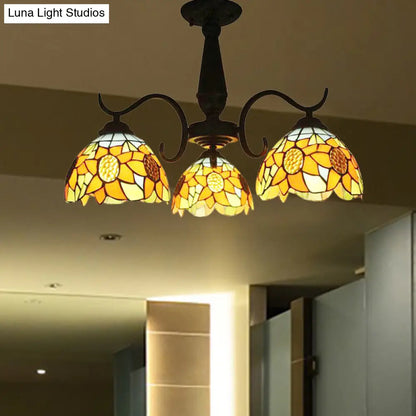 DecorBites™ DecorBites™ Stained Glass Tiffany Chandelier with Orange Sunflower - 3/6 Lights - Rustic Pendant Light for Living Room Bowl