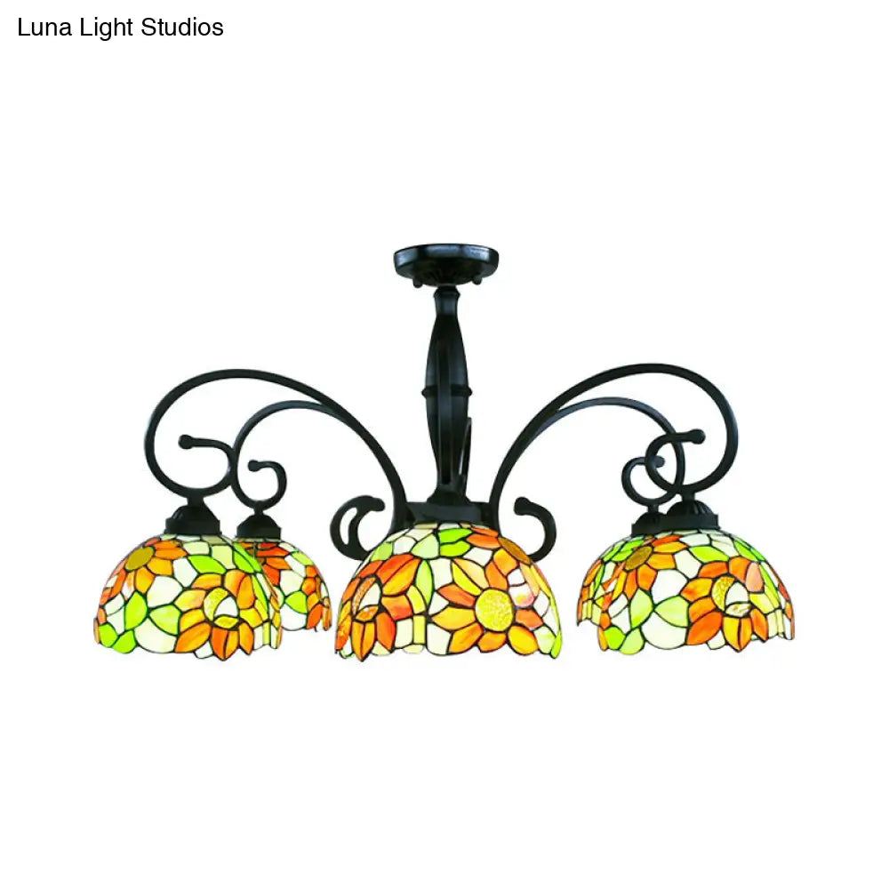 DecorBites™ DecorBites™ Stained Glass Tiffany Chandelier with Orange Sunflower - 3/6 Lights - Rustic Pendant Light for Living Room Bowl