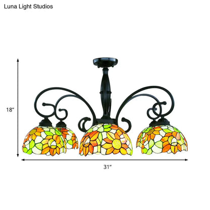 DecorBites™ DecorBites™ Stained Glass Tiffany Chandelier with Orange Sunflower - 3/6 Lights - Rustic Pendant Light for Living Room Bowl