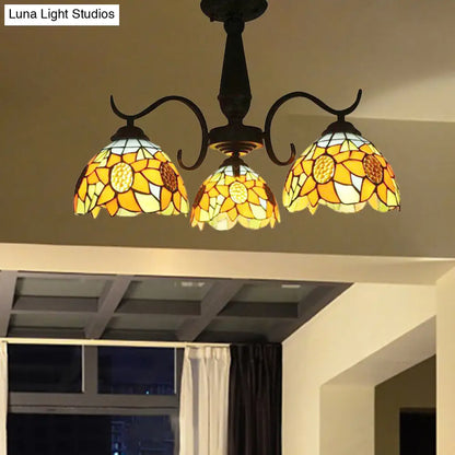 DecorBites™ DecorBites™ Stained Glass Tiffany Chandelier with Orange Sunflower - 3/6 Lights - Rustic Pendant Light for Living Room Bowl