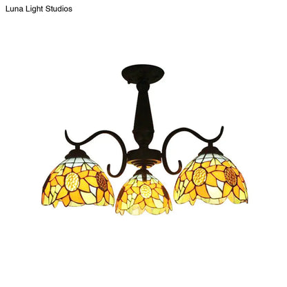 DecorBites™ DecorBites™ Stained Glass Tiffany Chandelier with Orange Sunflower - 3/6 Lights - Rustic Pendant Light for Living Room Bowl