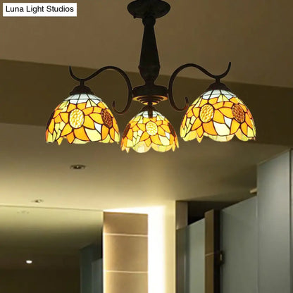 DecorBites™ DecorBites™ Stained Glass Tiffany Chandelier with Orange Sunflower - 3/6 Lights - Rustic Pendant Light for Living Room Bowl