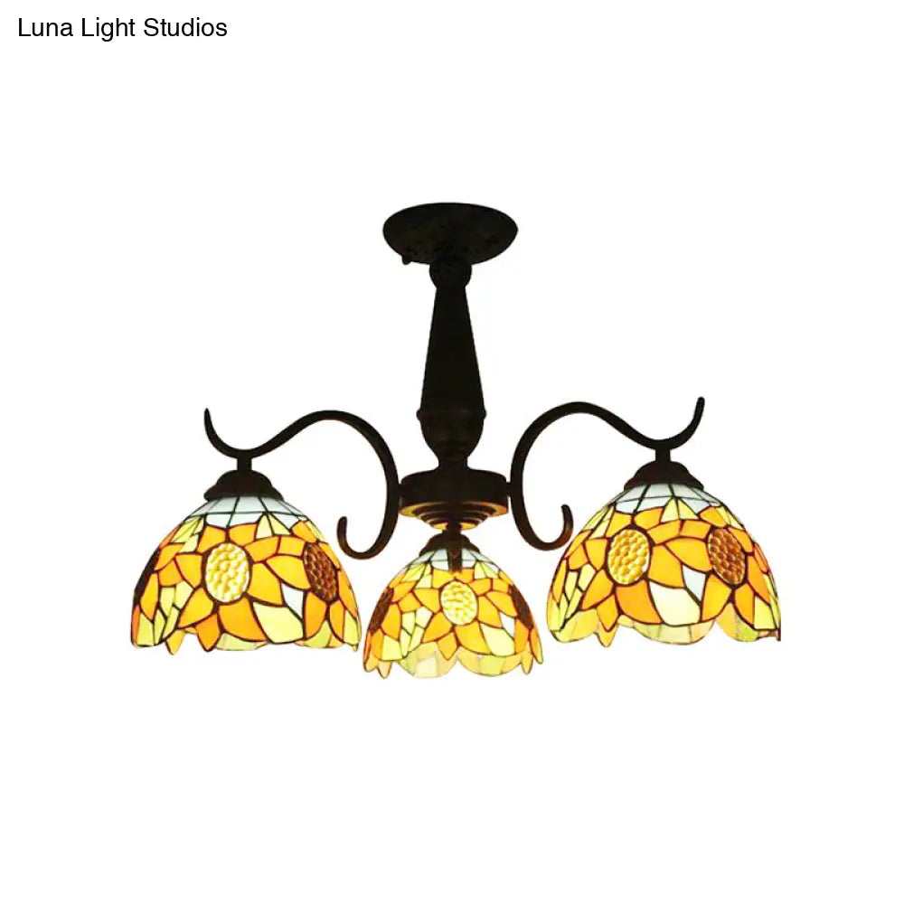DecorBites™ DecorBites™ Stained Glass Tiffany Chandelier with Orange Sunflower - 3/6 Lights - Rustic Pendant Light for Living Room Bowl