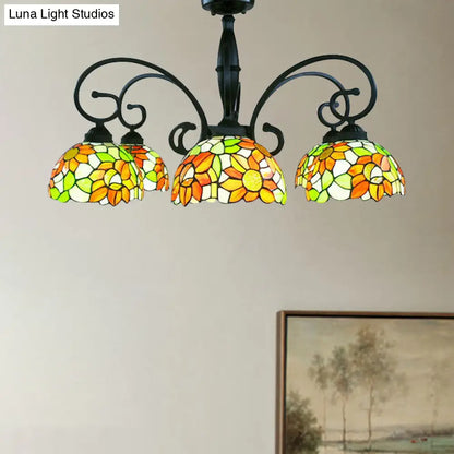 DecorBites™ DecorBites™ Stained Glass Tiffany Chandelier with Orange Sunflower - 3/6 Lights - Rustic Pendant Light for Living Room Bowl