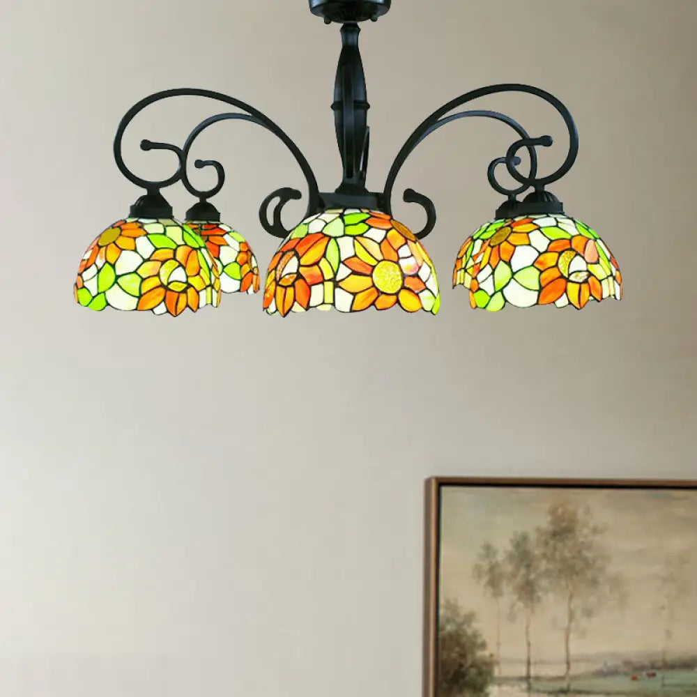 DecorBites™ DecorBites™ Stained Glass Tiffany Chandelier with Orange Sunflower - 3/6 Lights - Rustic Pendant Light for Living Room Bowl