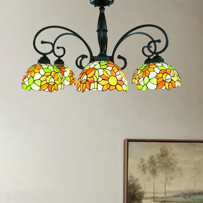 DecorBites™ DecorBites™ Stained Glass Tiffany Chandelier with Orange Sunflower - 3/6 Lights - Rustic Pendant Light for Living Room Bowl