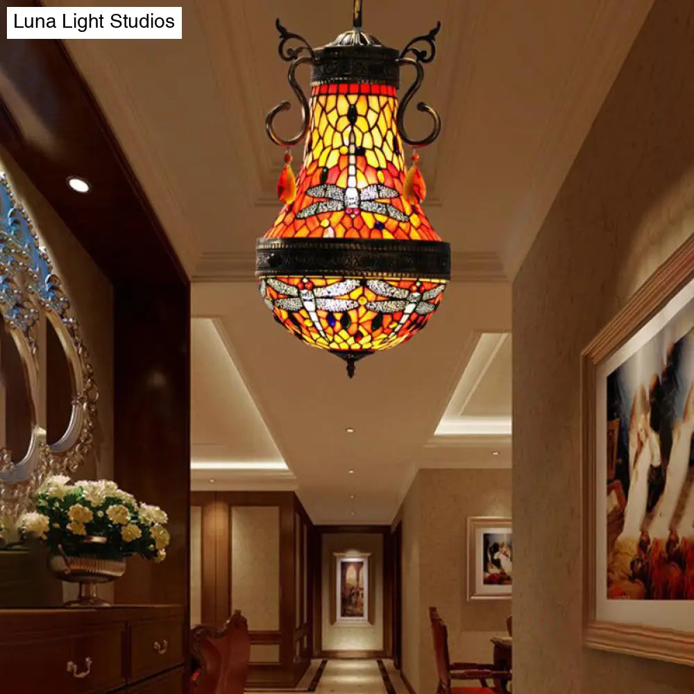 Stained Glass Tiffany Dragonfly Chandelier - 6 Lights in Red/Yellow/Green for Dining Room