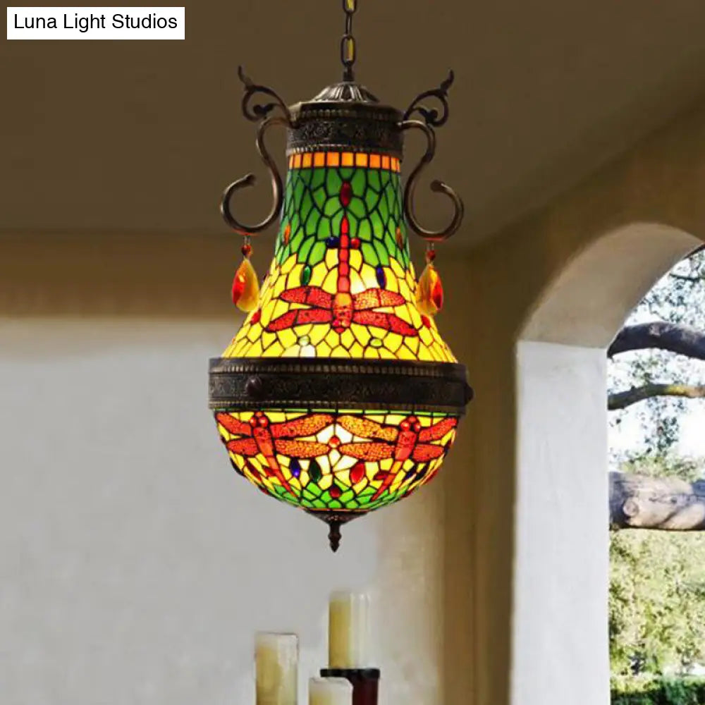 Stained Glass Tiffany Dragonfly Chandelier - 6 Lights in Red/Yellow/Green for Dining Room