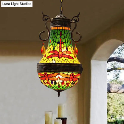 Stained Glass Tiffany Dragonfly Chandelier - 6 Lights in Red/Yellow/Green for Dining Room