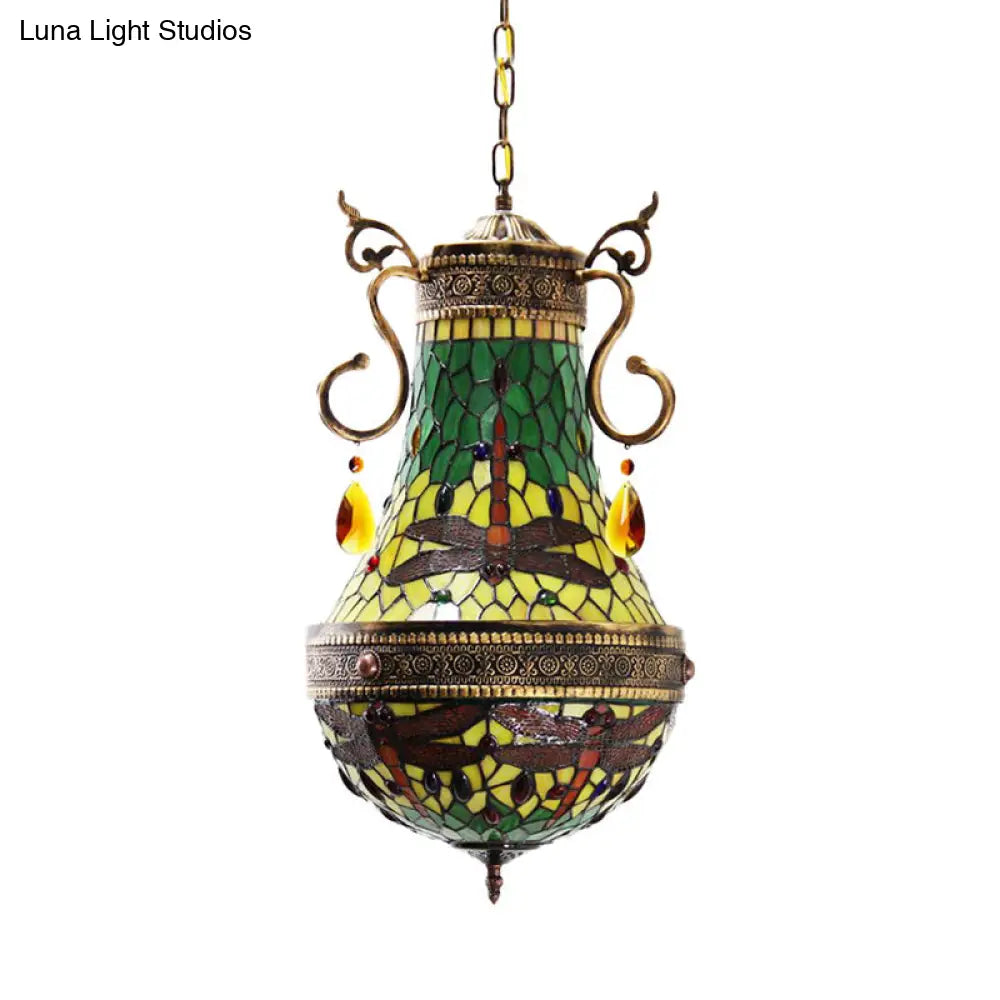 Stained Glass Tiffany Dragonfly Chandelier - 6 Lights in Red/Yellow/Green for Dining Room