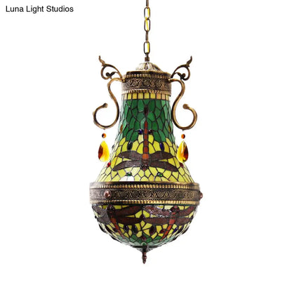 Stained Glass Tiffany Dragonfly Chandelier - 6 Lights in Red/Yellow/Green for Dining Room