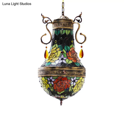 Stained Glass Tiffany Dragonfly Chandelier - 6 Lights in Red/Yellow/Green for Dining Room