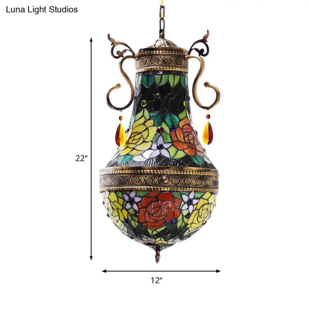 Stained Glass Tiffany Dragonfly Chandelier - 6 Lights in Red/Yellow/Green for Dining Room