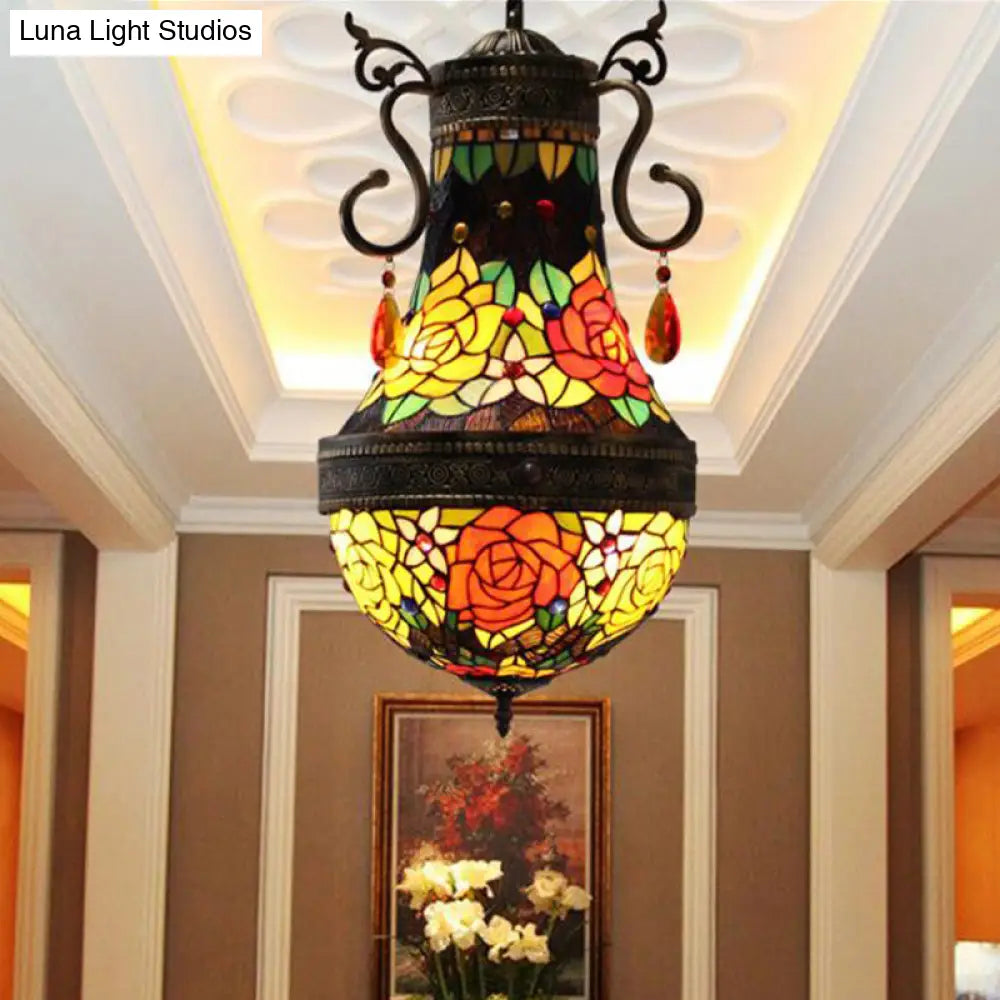 Stained Glass Tiffany Dragonfly Chandelier - 6 Lights in Red/Yellow/Green for Dining Room