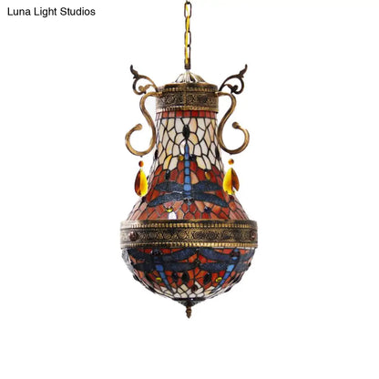 Stained Glass Tiffany Dragonfly Chandelier - 6 Lights in Red/Yellow/Green for Dining Room
