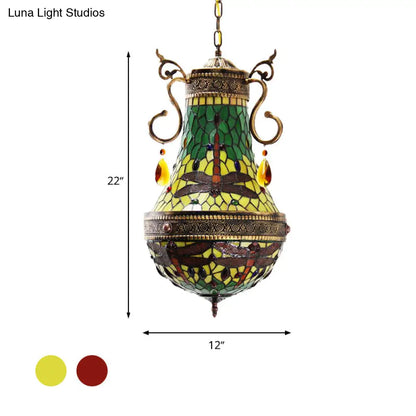 Stained Glass Tiffany Dragonfly Chandelier - 6 Lights in Red/Yellow/Green for Dining Room