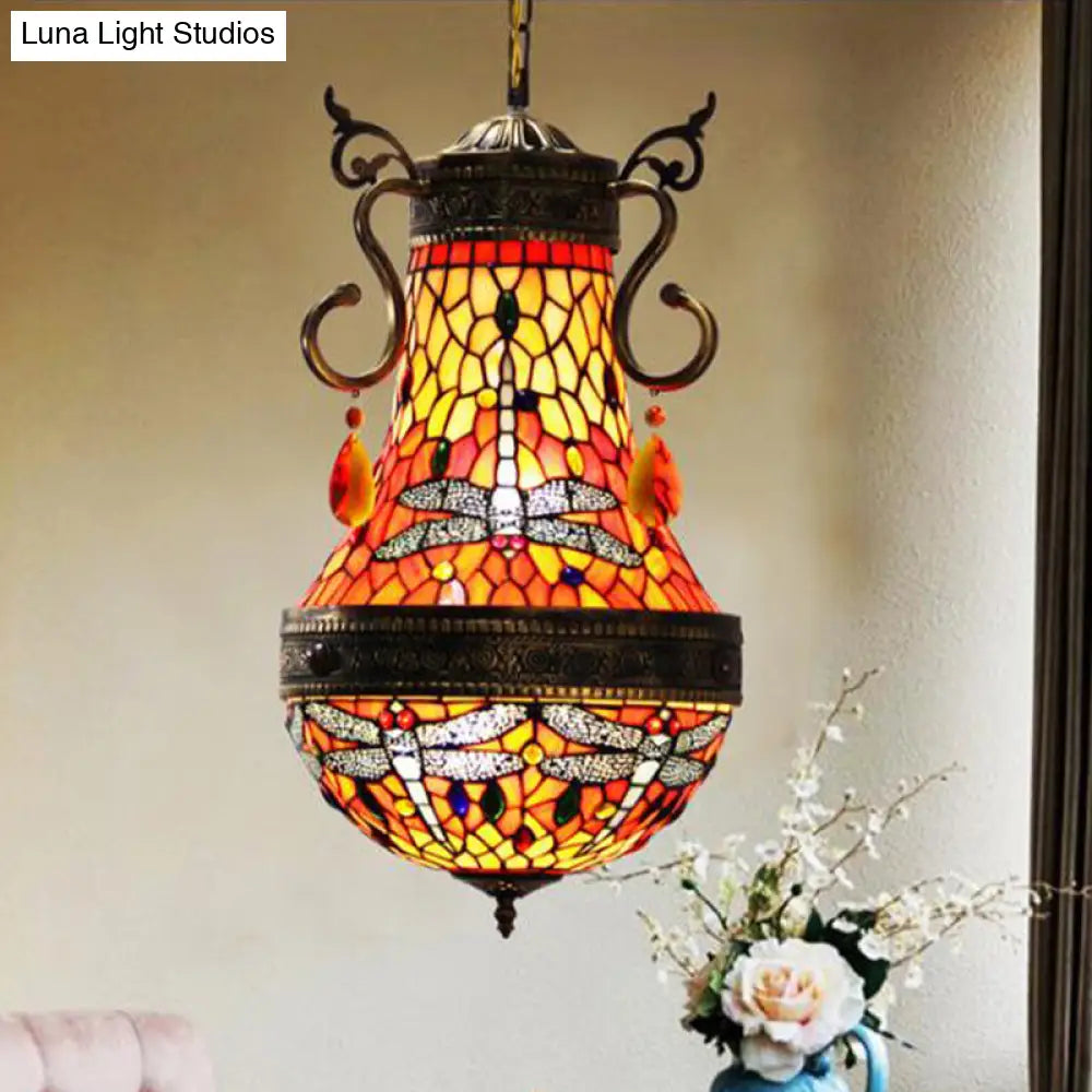 Stained Glass Tiffany Dragonfly Chandelier - 6 Lights in Red/Yellow/Green for Dining Room