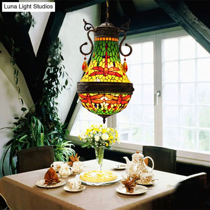 Stained Glass Tiffany Dragonfly Chandelier - 6 Lights in Red/Yellow/Green for Dining Room