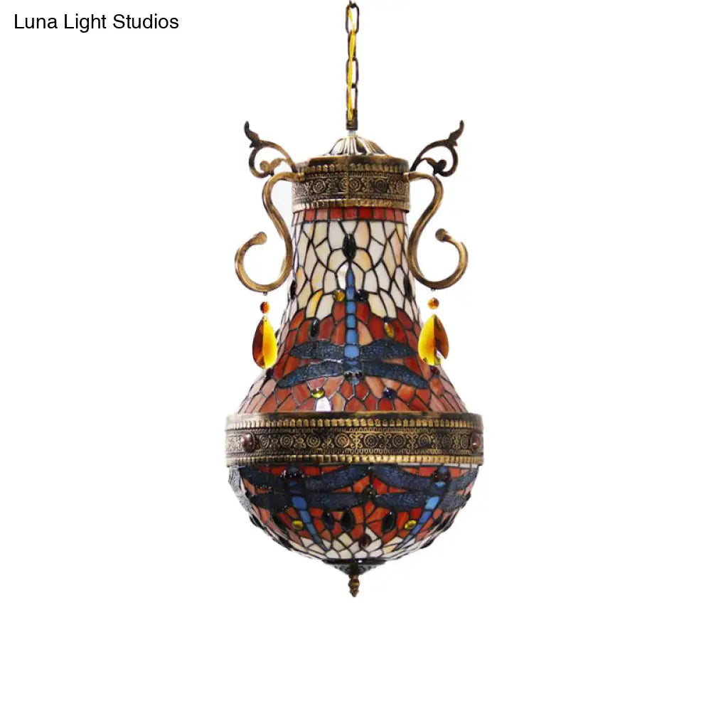 Stained Glass Tiffany Dragonfly Chandelier - 6 Lights in Red/Yellow/Green for Dining Room