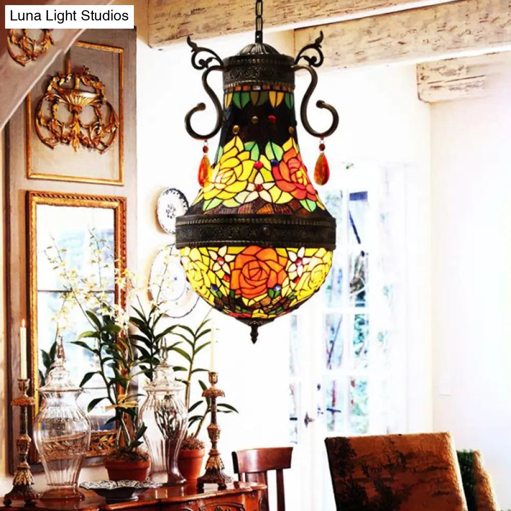 Stained Glass Tiffany Dragonfly Chandelier - 6 Lights in Red/Yellow/Green for Dining Room