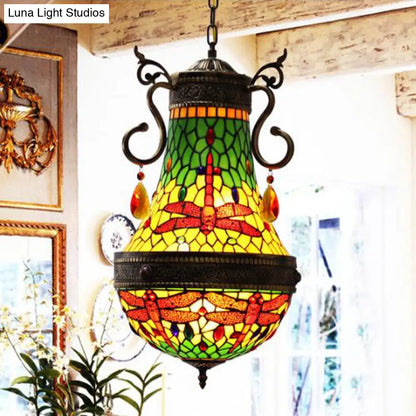 Stained Glass Tiffany Dragonfly Chandelier - 6 Lights in Red/Yellow/Green for Dining Room