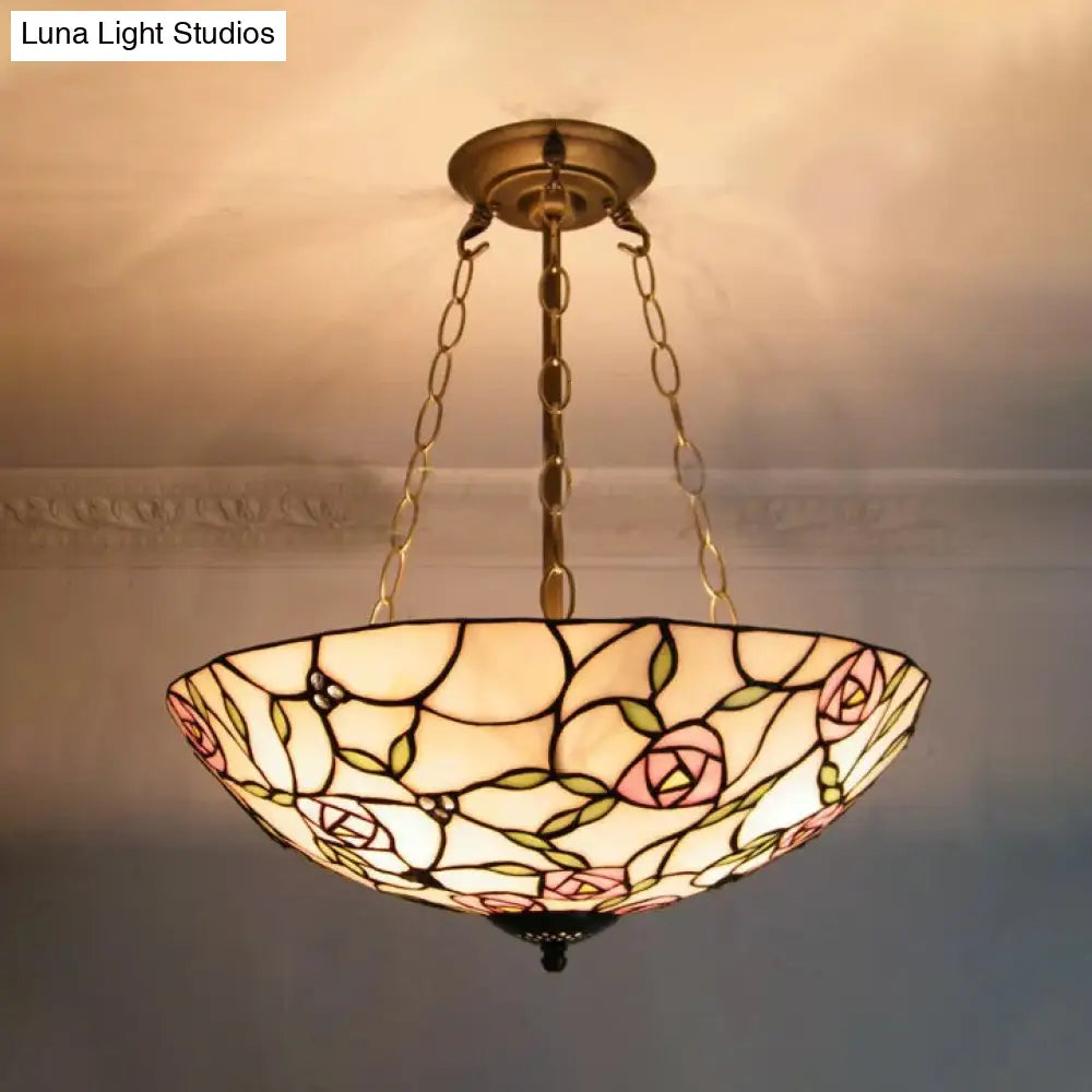 Stained Glass Tiffany LED Ceiling Light with 3-Lights, Aged Brass Chain and Rose Pattern