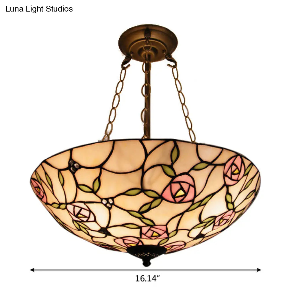 Stained Glass Tiffany LED Ceiling Light with 3-Lights, Aged Brass Chain and Rose Pattern