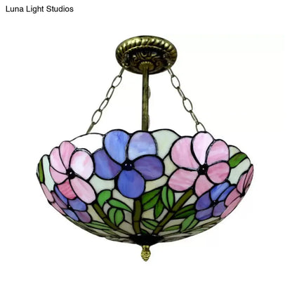 Stained Glass Tiffany LED Ceiling Light with 3-Lights, Aged Brass Chain and Rose Pattern