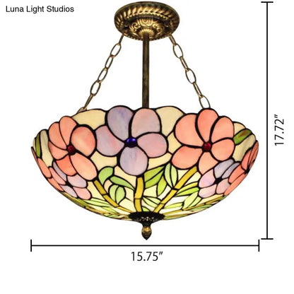 Stained Glass Tiffany LED Ceiling Light with 3-Lights, Aged Brass Chain and Rose Pattern