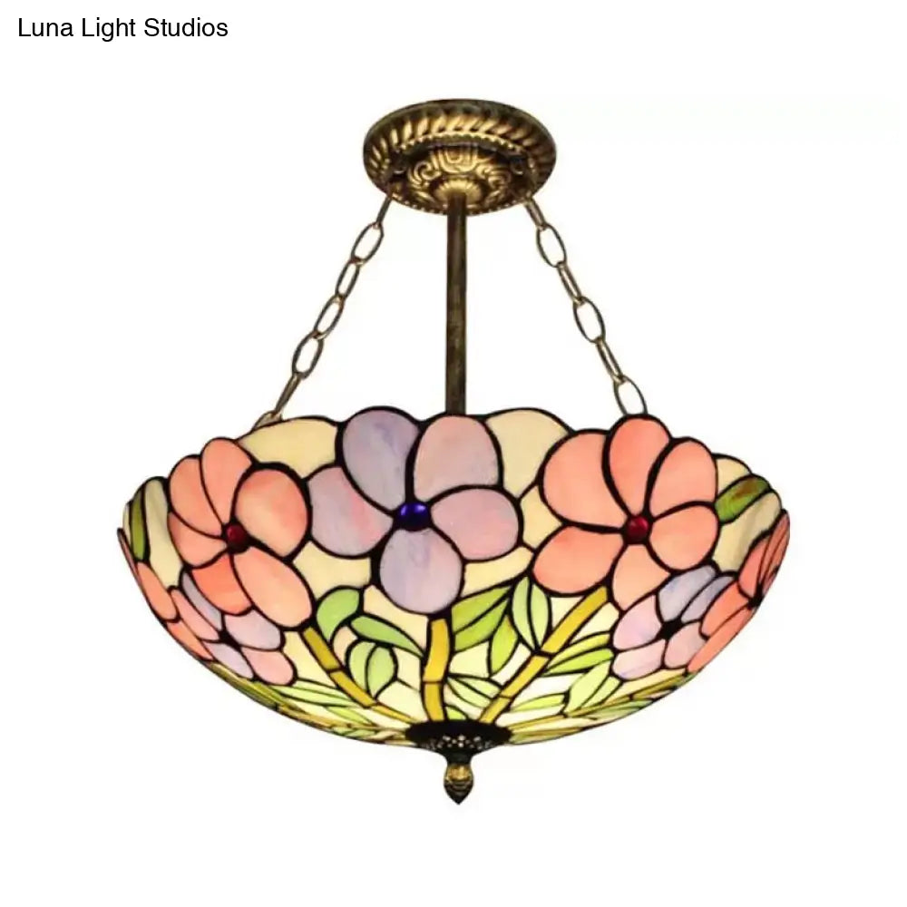 Stained Glass Tiffany LED Ceiling Light with 3-Lights, Aged Brass Chain and Rose Pattern