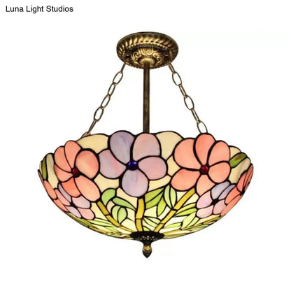 Stained Glass Tiffany LED Ceiling Light with 3-Lights, Aged Brass Chain and Rose Pattern