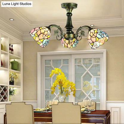 DecorBites™ DecorBites™ Stained Glass Tiffany Peacock Tail/Leaf/Flower Chandelier Light - Rustic Ceiling Fixture in Antique Bronze for Dining Room