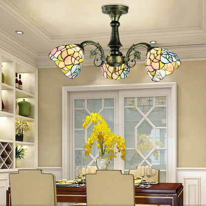 DecorBites™ DecorBites™ Stained Glass Tiffany Peacock Tail/Leaf/Flower Chandelier Light - Rustic Ceiling Fixture in Antique Bronze for Dining Room