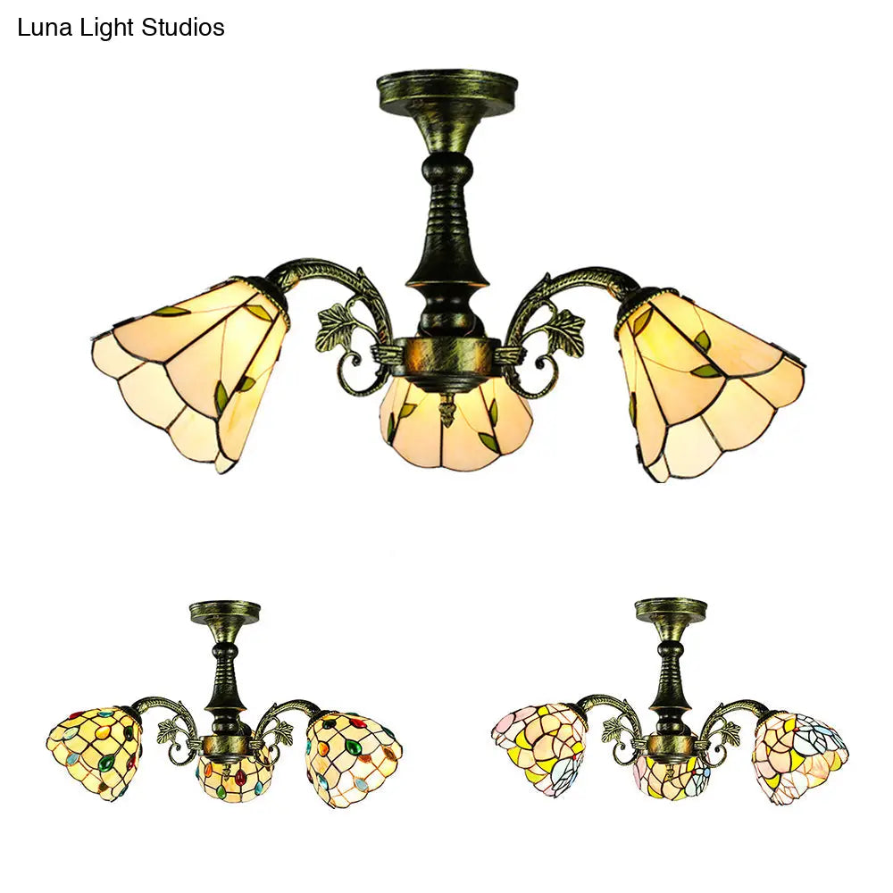 DecorBites™ DecorBites™ Stained Glass Tiffany Peacock Tail/Leaf/Flower Chandelier Light - Rustic Ceiling Fixture in Antique Bronze for Dining Room