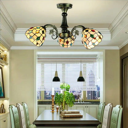 DecorBites™ DecorBites™ Stained Glass Tiffany Peacock Tail/Leaf/Flower Chandelier Light - Rustic Ceiling Fixture in Antique Bronze for Dining Room