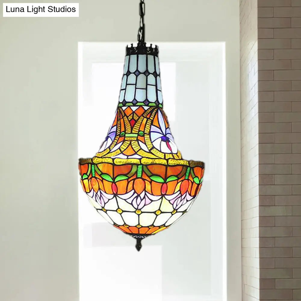 Stained Glass Tiffany Pendant Flower Chandelier - 3/5 Lights, 12"/16" Wide - Antique Bronze Finish