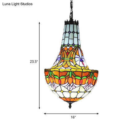 Stained Glass Tiffany Pendant Flower Chandelier - 3/5 Lights, 12"/16" Wide - Antique Bronze Finish