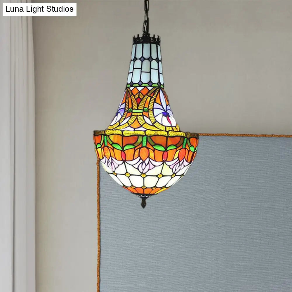 Stained Glass Tiffany Pendant Flower Chandelier - 3/5 Lights, 12"/16" Wide - Antique Bronze Finish