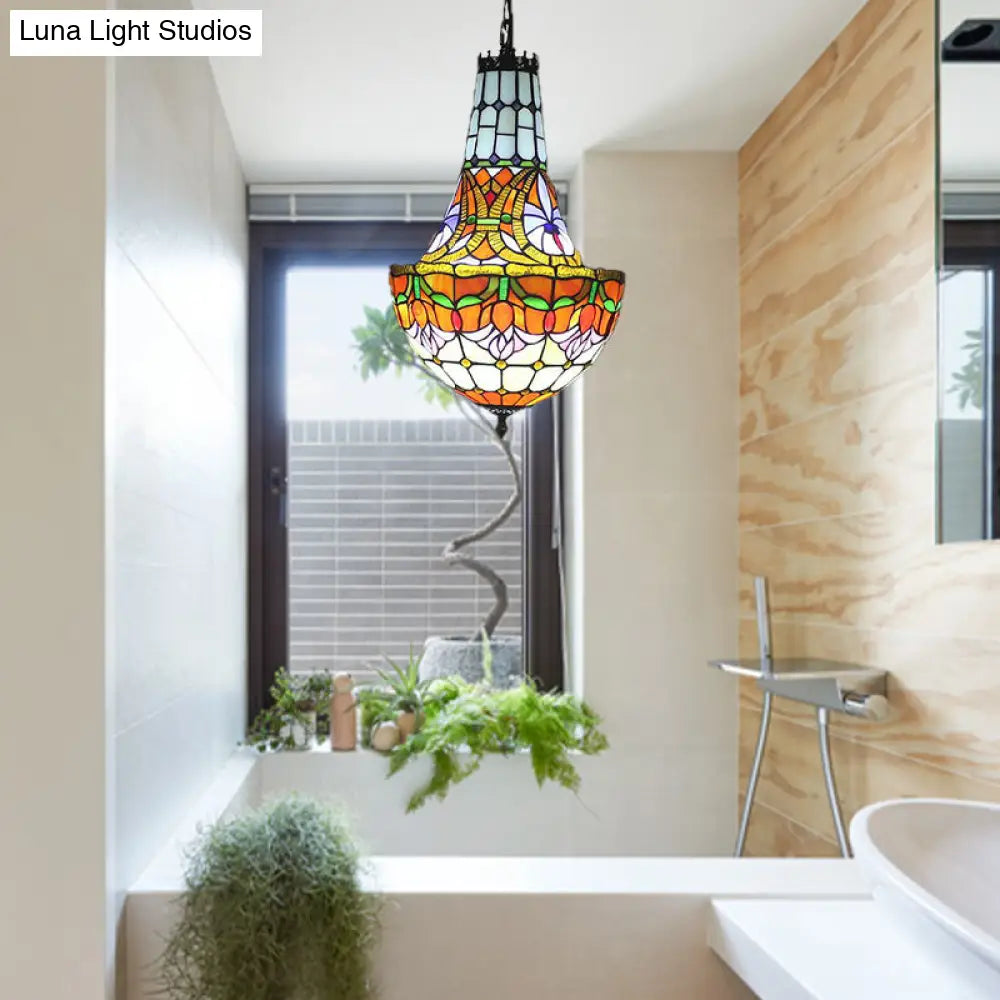 Stained Glass Tiffany Pendant Flower Chandelier - 3/5 Lights, 12"/16" Wide - Antique Bronze Finish