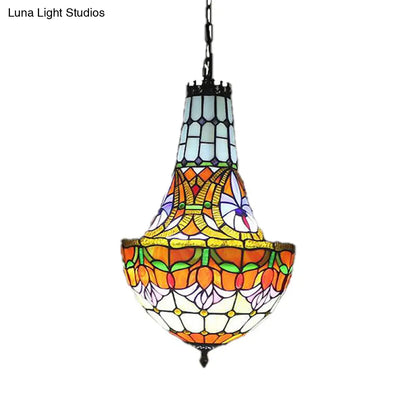 Stained Glass Tiffany Pendant Flower Chandelier - 3/5 Lights, 12"/16" Wide - Antique Bronze Finish