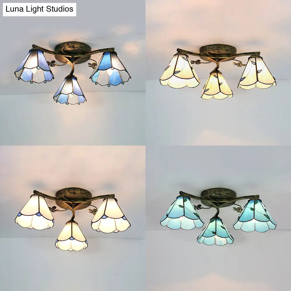 DecorBites™ DecorBites™ Stained Glass Tiffany Style Flushmount Light with 3 Lights - White/Clear/Blue/Beige