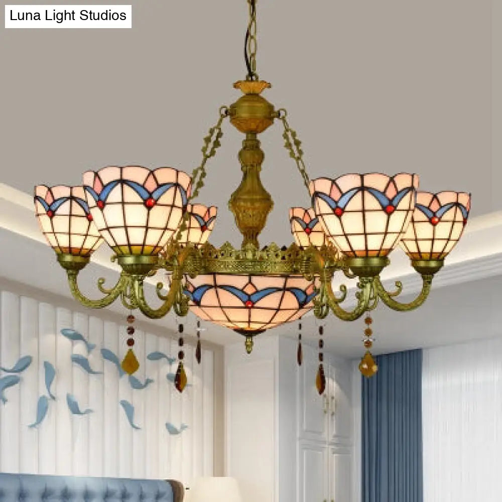 Stained Glass Tulip Chandelier - 7-Headed Pendant in Brass Finish for Living Room